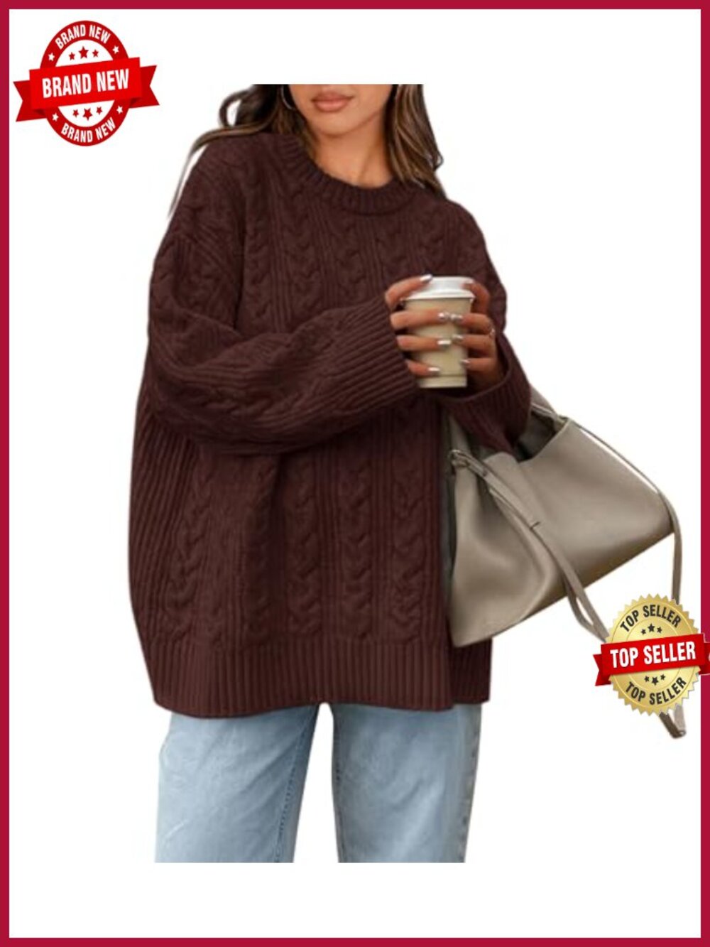 Oversized Cable Knit Sweater Crewneck Long Sleeve Pullover